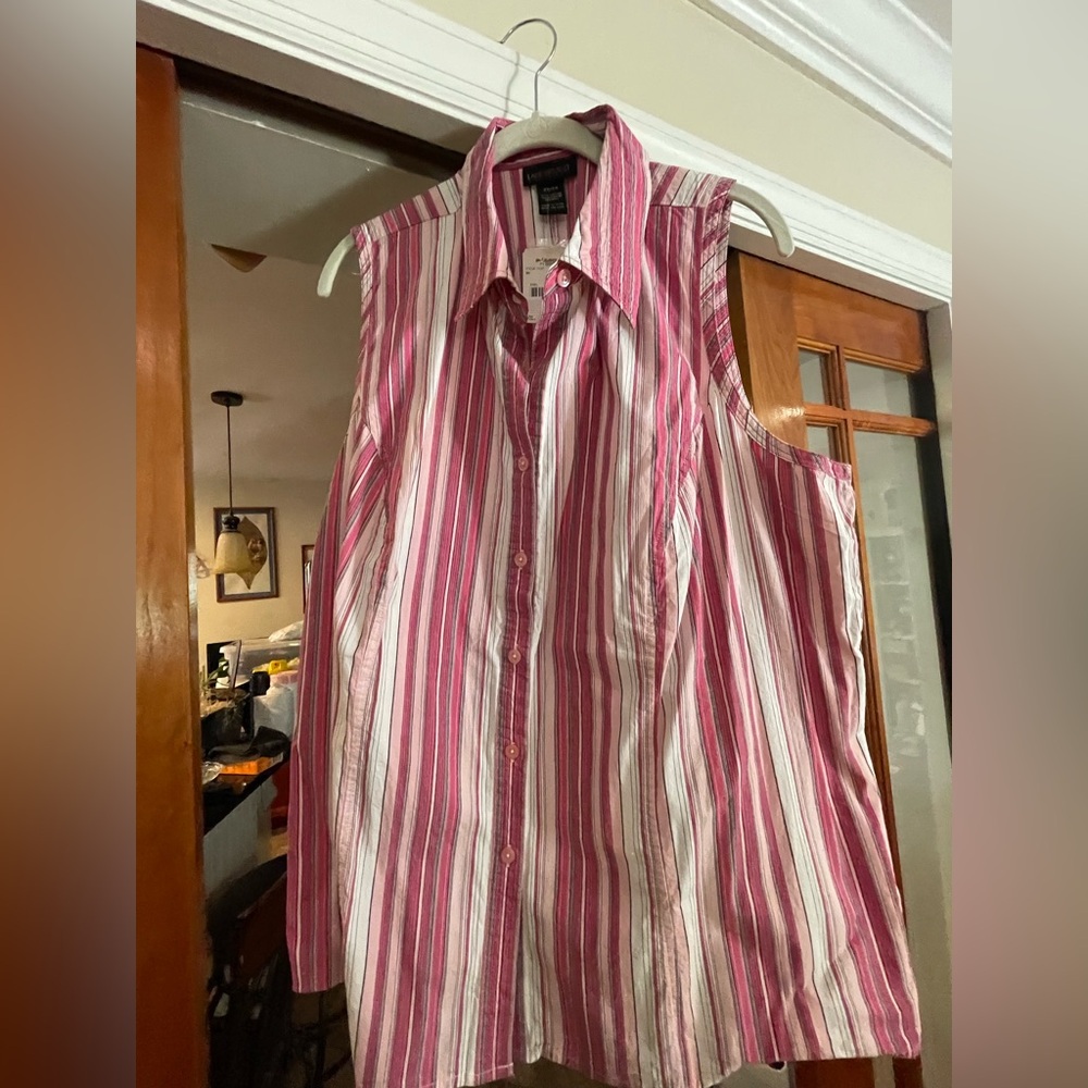 Lane Bryant Pink and White Striped Sleeveless Button-Down Shirt